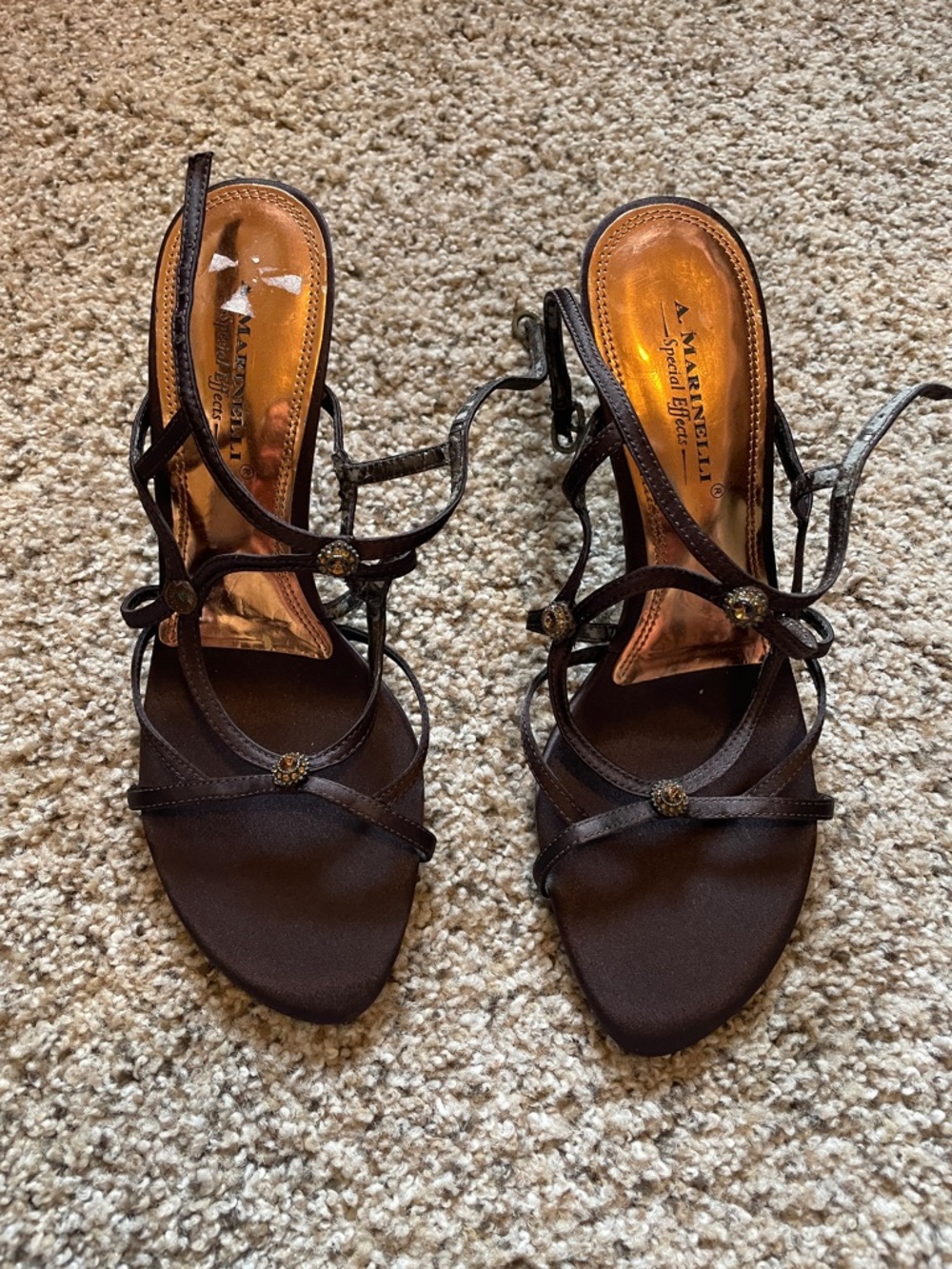 A. Marinelli Dark Brown Strappy Jewel-Accent Heels